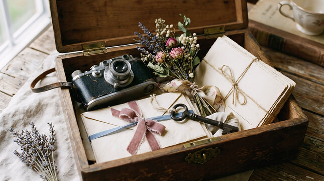 Wooden memory box containing vintage camera flowers letters and antique key