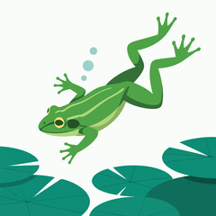Fototapeta premium Green frog swimming underwater with lily pads, Colorful flat vector illustration
