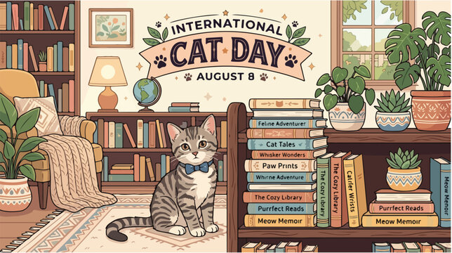 Tabby cat sitting on a rug in a cozy room with books.
