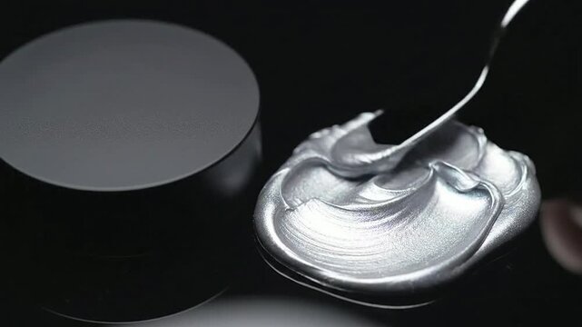 Close-Up View Of Glossy Silver Cream Being Applied With Spatula On Dark Reflective Surface