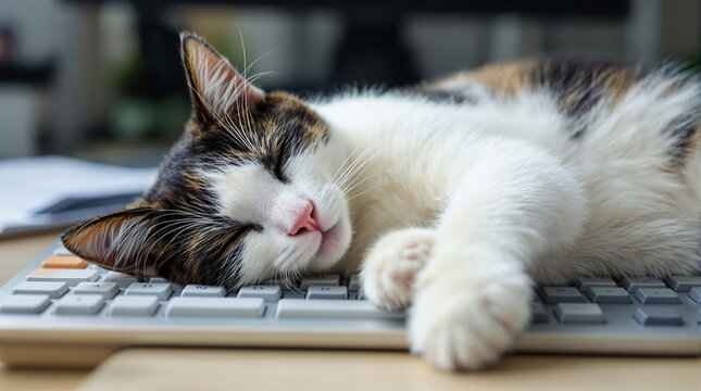 Tuxedo cat sleeping on office keyboard. Cute kitten resting on computer desk at workplace.