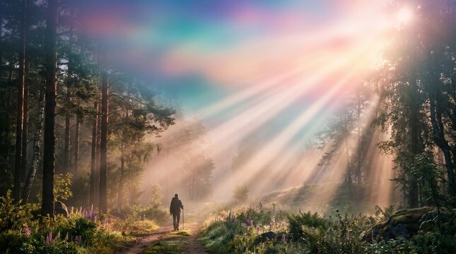 Lone hiker walking through a misty morning forest path bathed in golden sunbeams on transparent background