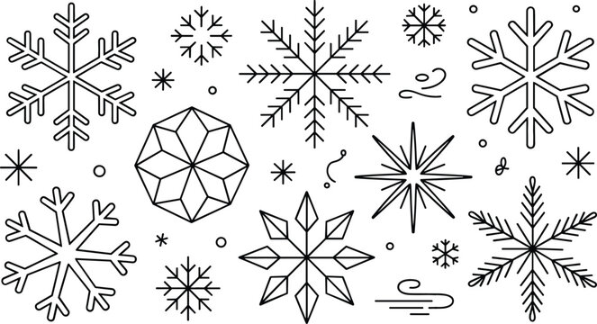 Winter snowflake crystal ice and frozen weather line art vector illustration icon set Christmas holiday season decoration