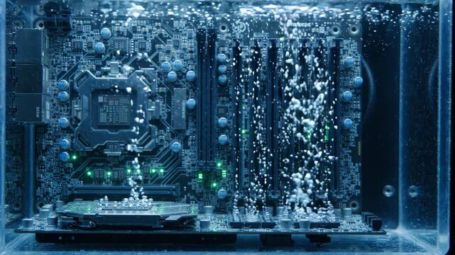 AI server motherboard underwater with glowing green lights, rising bubbles, detailed electronic components and circuit board blue environment cooling