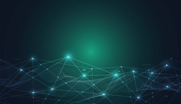 Abstract Green Digital Network Connection with Glowing Nodes and Data Particles Technology Background