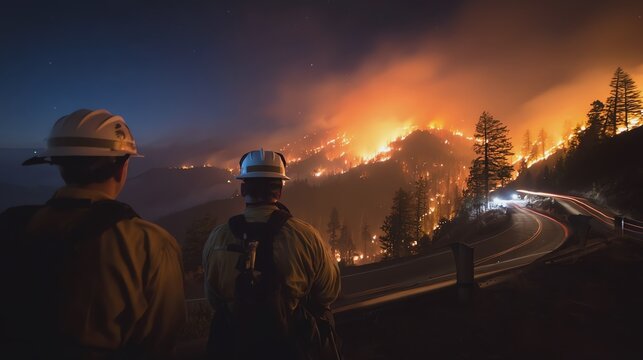 Firefighters assess a raging wildfire at night.