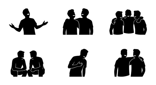 Friendship Silhouettes, Diverse Social Interactions, Group Connection Icons, People Together Vector Set