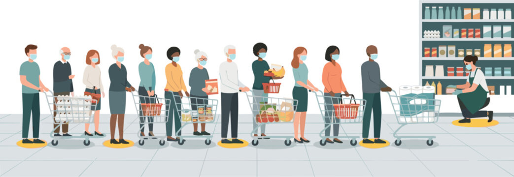 Social Distancing Queue in Supermarket with Masked Customers Shopping During Pandemic and Grocery Store Illustration