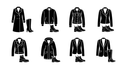 Stylish outerwear and boots vector collection, modern fashion apparel, winter clothing set, trendy footwear icons © NOVA