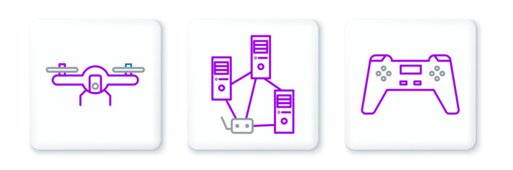 Set line Gamepad, Drone flying and Computer network icon. Vector © Oksana