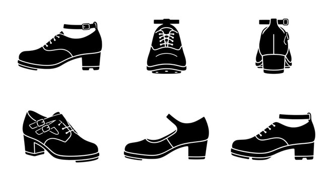 Tap Dance Shoes Vector Icons, Black Silhouette Footwear Collection, Performance Dance Shoes Set