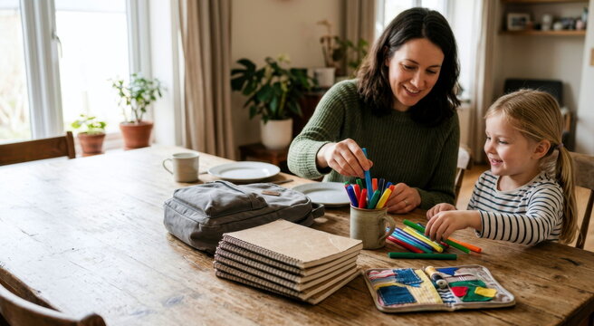 Parent and child sort secondhand school supplies at a dining table with backpack, washable markers, fabric patch kit, and unbranded notebooks.