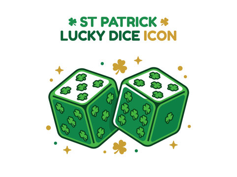 Two green dice featuring shamrock patterns on their faces and tops set against a white background with gold star and dot accents