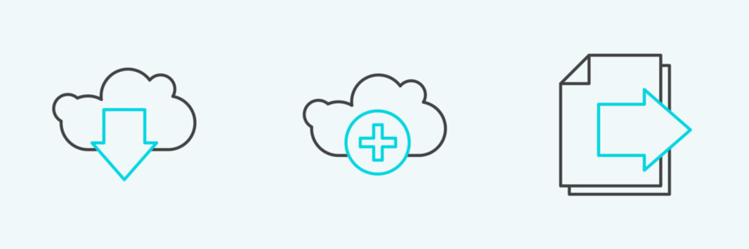 Set line Next page arrow, Cloud download and Add cloud icon. Vector