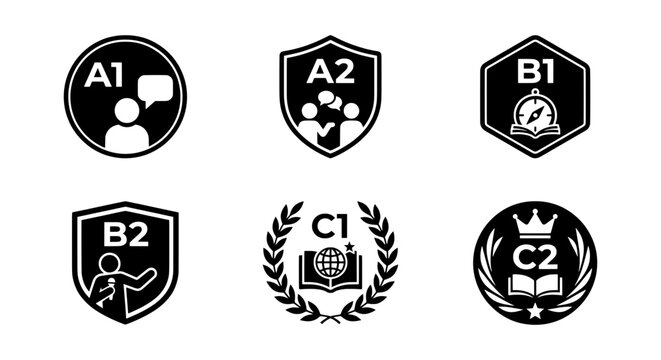 Language proficiency level icons, A1 to C2 skill badges, educational achievement vector set