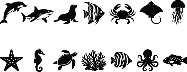 Sea animals silhouette icons collection with underwater marine life creatures, ocean fish, turtle, shark, dolphin, and coral reef vector elements. © Bappi