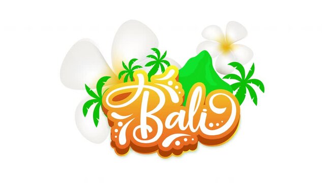 Orange Bali tropical travel logo 2D animation. Vacation promo. Tropical palms with lush mountain scenery and plumeria flowers animated cartoon flat concept 4K video isolated on transparent background
