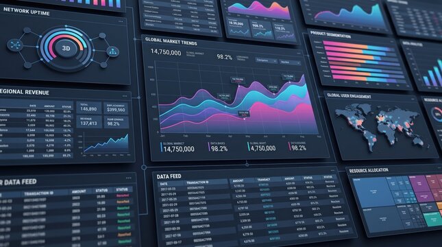 Abstract dark mode user interface displaying global market trends network uptime regional revenue data feed and resource allocation with colorful graphs maps and statistics
