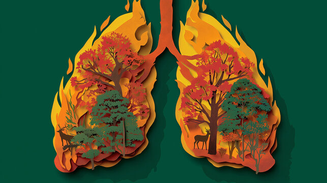 Stop Forest Fire Poster Template with Paper Art Lung Shape, Burning Trees, Wildlife and Environmental Awareness Vector Illustration