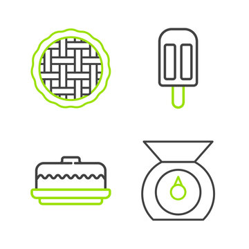 Set line Scales, Cake, Ice cream and Homemade pie icon. Vector