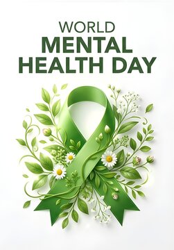World Mental Health Day awareness poster with green ribbon. Minimalist wellness campaign design for global mental health support.