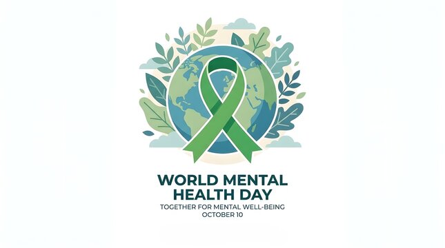 World Mental Health Day poster with green ribbon and globe design. Awareness campaign vector illustration for wellness and psychological support ev...