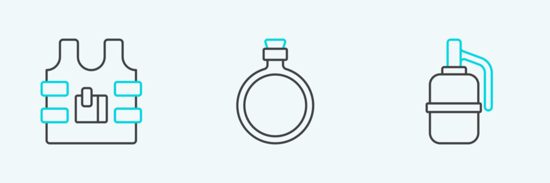 Set line Hand grenade, Bulletproof vest and Canteen water bottle icon. Vector