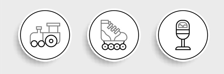 Set line Trash can, Toy train and Roller skate icon. Vector © Oksana