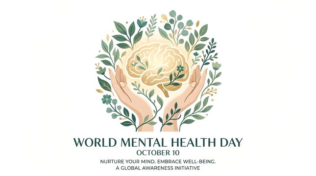 World Mental Health Day poster with floral wreath design. Awareness campaign illustration for wellness and psychological support events.