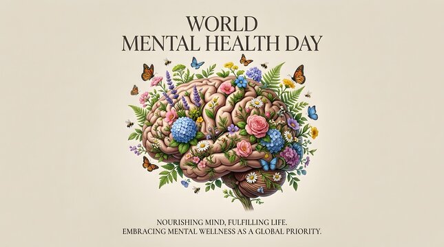 World Mental Health Day poster with colorful brain-shaped floral bouquet. Awareness campaign design featuring vibrant blooms symbolizing mental wel...