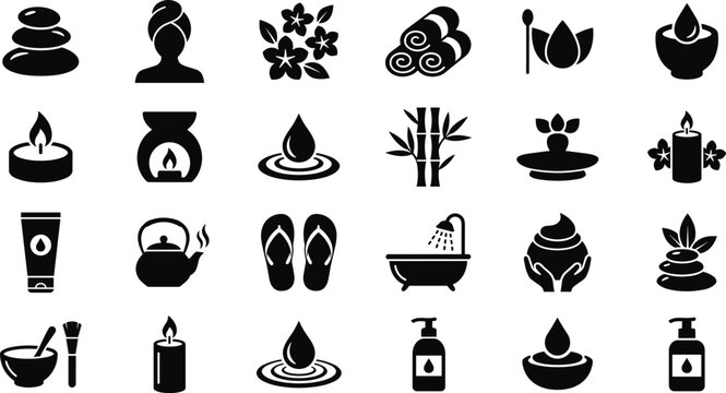 Spa salon wellness and beauty treatment icons set featuring hot stones candles massage oil bamboo and lotion black silhouettes vector