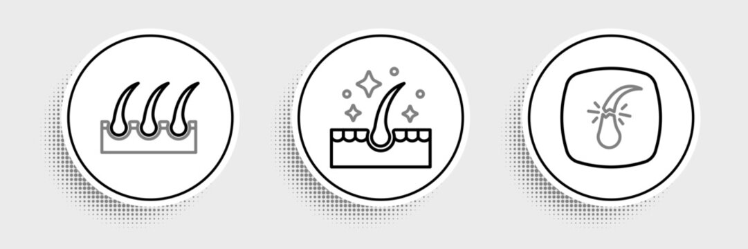 Set line Broken hair follicle, Human and Oil for care treatment icon. Vector