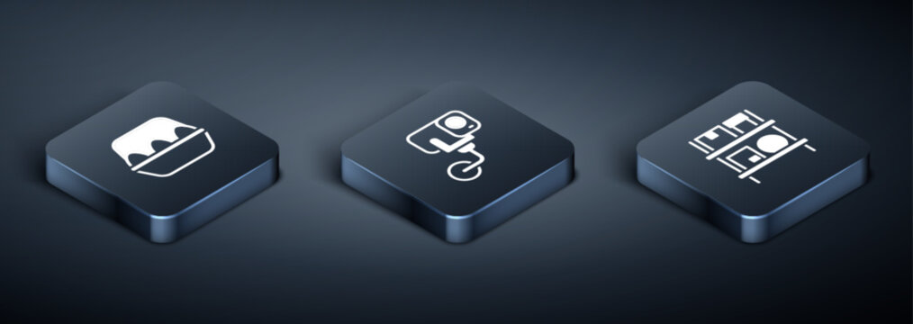 Set Isometric Chicken egg in box, Warehouse interior with boxes and Security camera icon. Vector