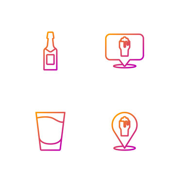 Set line Alcohol or beer bar location, Shot glass, Champagne bottle and . Gradient color icons. Vector