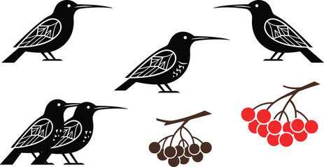 Black bird silhouettes set with decorative patterned wings and rowan berry branches isolated on white background vector collection © Bappi