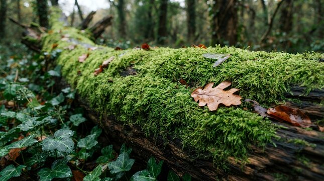 Lush green moss covering fallen tree trunk in forest, ancient woodland floor with autumn leaves, natural organic texture in deep woods
