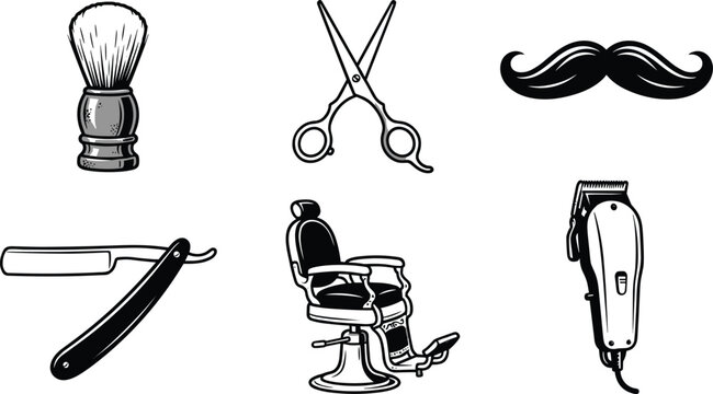 Barbershop vintage equipment elements collection featuring hair clipper scissors straight razor shaving brush chair and mustache icons vector
