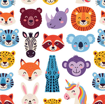 Cute cartoon animal faces seamless pattern vector illustration backdrop featuring friendly bear lion koala fox monkey tiger zebra crocodile and unicorn