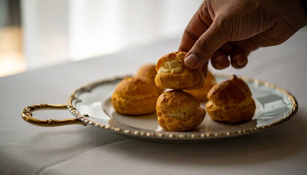 hand picking up cream puff from decorative plate