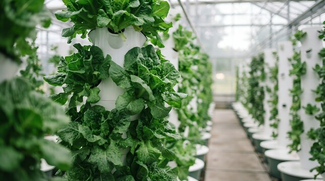 Vertical hydroponic farming system in greenhouse, sustainable indoor agriculture with green leafy vegetables, modern aeroponic tower garden