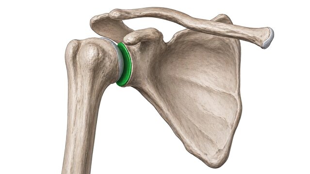 Human shoulder joint anatomy with scapula clavicle humerus and glenoid labrum detailed medical illustration isolated on white background