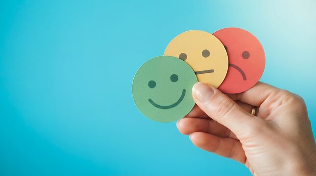 Customer feedback concept with colorful emoji faces, hand holding happy sad and neutral rating icons, satisfaction survey and user experience evaluation