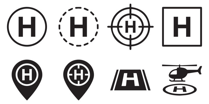 Helicopter Landing Pad Icon Set, Heliport and Helipad Vector Symbol in Outline and Solid Styles