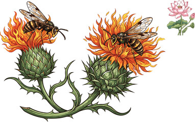 Honey bees collecting nectar on blooming safflower orange thistle flowers detailed hand drawn engraving style botanical vector illustration © Bappi