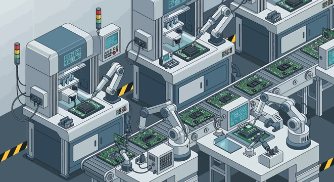 Isometric illustration of an automated factory assembly line with robotic arms and conveyor belts.
