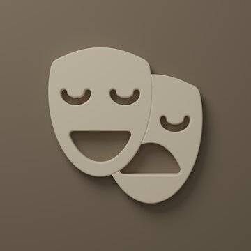Beige Comedy and tragedy theatrical masks icon isolated on brown background. Minimalism concept. 3D render illustration