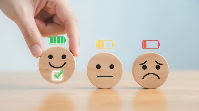 Emotional wellness and energy level concept, wooden blocks with smiley faces and battery icons, mental health and burnout assessment