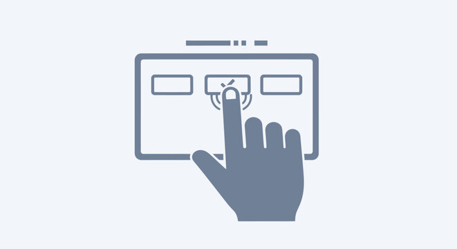 Hand touching screen button vector icon representing user interface selection and digital interaction.