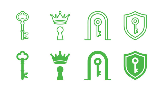 Royal access and security icon set featuring vintage keys crown and protection shields security protection silhouette