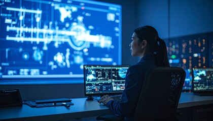 Fototapeta premium Petro worker in control room. Female engineer monitoring oil refinery digital data systems.